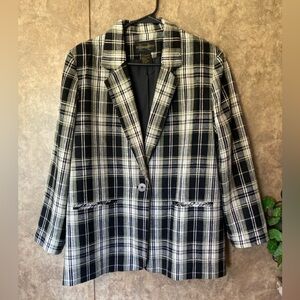 Vintage Plaid Black White Olive Jacket Blazer One Button Academia Fall Staple L